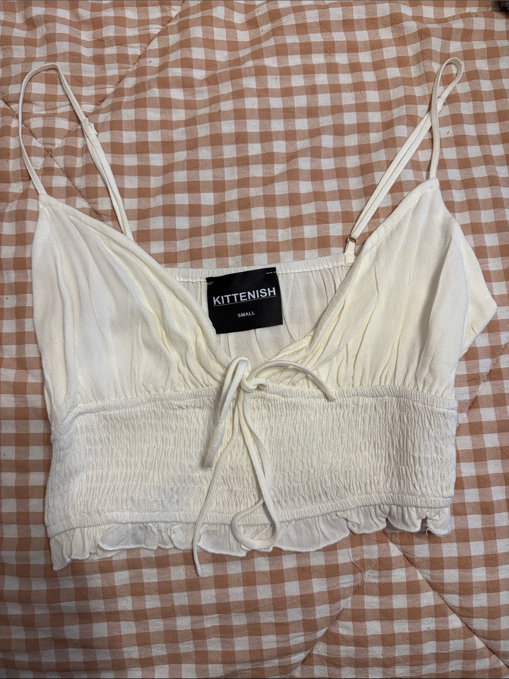 Kittenish Cream Smocked Tie-Front Cami Top